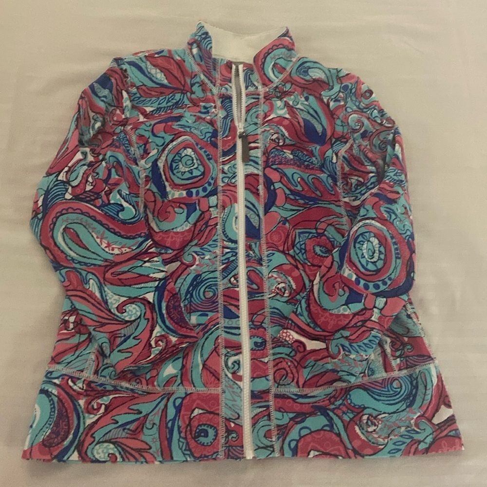 Talbots Jacket Womens Full Zip Long Sleeve Floral Blue Pink medium petite